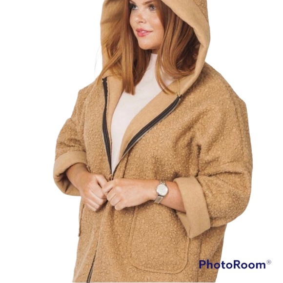 Wool Blend Jacket Fits Size 16-18 Hood Camel Textured 3/4 Sleeved Patch Pockets - Picture 1 of 5